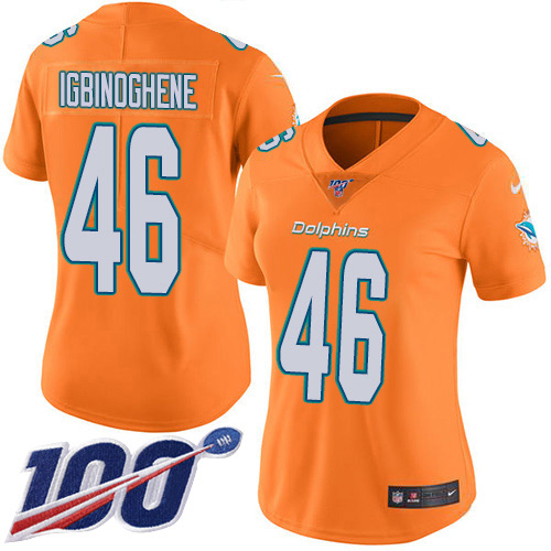 Nike Miami Dolphins #46 Noah Igbinoghene Orangen Women Stitched NFL Limited Rush 100th Season Jersey->women nfl jersey->Women Jersey